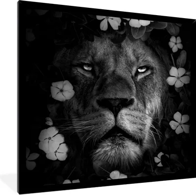 Produktbild von MuchoWow® Gerahmtes Poster Blumen - Dschungel - Löwe - Schwarz - Weiß 40x40 cm - Poster mit Schwarzem Bilderrahmen Wandposter Rahmen Foto Bilder - Mit Rahmen - Wanddekoration Schlafzimmer