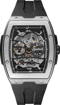 A close-up, front-facing studio shot of a men's skeleton watch with a black strap and silver casing.