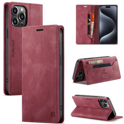 Obrázek produktu pro Pouzdro Pro iPhone 15 Pro, RetroPolyuretanKožené Pouzdro, Stojánek a Ochranné Pouzdro červené