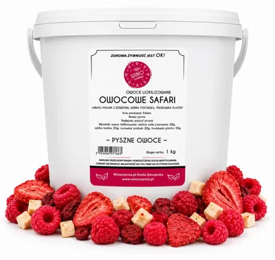 Zdjęcie produktu dla Owocowe Safari Liofilizowane mix Jabłko Malina Truskawka Wiśnia 80 Wiaderko