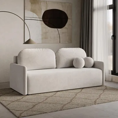 Produktbild von DEKORI Skandinavisches Sofa MALVA – 3-Sitzer Stoffsofa mit runden Kissen - WIND 05 (Beige)