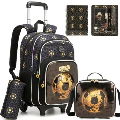 Produktbild von Schulrucksack Trolley Jungen Fußball 5-teiliges Set mit Lunchtasche & Federmäppchen Schwarz