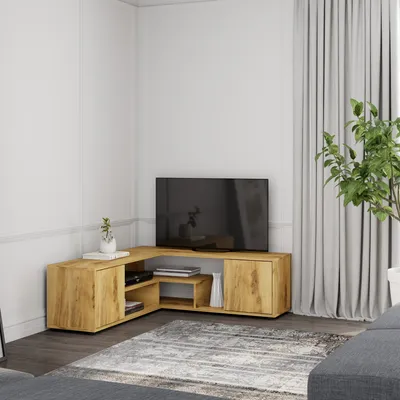 Image de Skye Decor, support TV de haute qualité, finition noyer antique, 120 x 125 x 40 cm. Fabriqué en panneaux de particules mélaminés de 18 mm d'épaisseur. Dispose de nombreux étagères, peut être fixé au mur, design rustique.