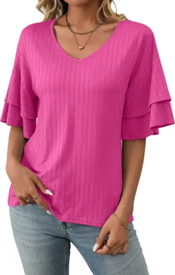 Produktbild von ASKSA Damen T-Shirt Rueschen aermel Bluse V-Ausschnitt Sommer Elegant Oberteile Einfarbig Lose Laessig Tunika Shirts Casual Tops (Rosarot,L)