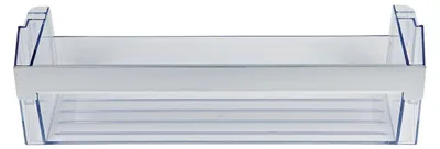 A clear, front-facing shot of a transparent plastic refrigerator shelf.