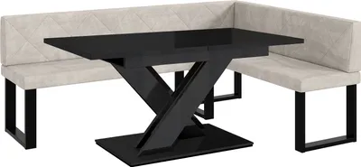 Produktbild von MEBLINI Eckbank für Esszimmer mit ausziehbarem Tisch  - Küchenbank - Essecke - Sitzecke Küche - ERIC - U-Beine 142x196x87cm Rechts - Beige Samt/B Schwarz Hochgl.