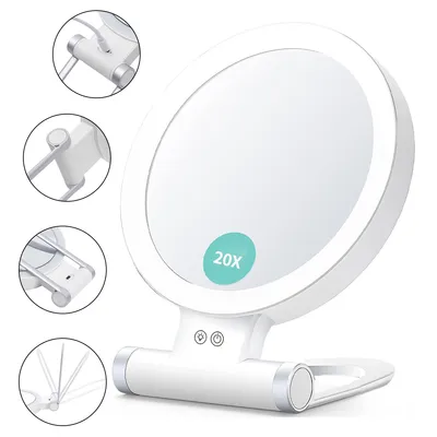 A white LED cosmetic mirror with a 20x magnification feature, shown on a white background with inset images highlighting its features.