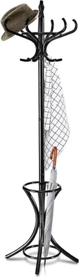 Obrázok produktu pre Vešiak na kabáty 184 cm, vešiak s 12 háčikmi na kabáty a stojanom na dáždniky, voľne stojaci drevený vešiak na kabáty, stojanový vešiak do predsiene, spálne, obývačky (čierny)