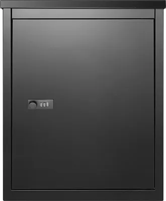 A dark, front-facing view of a black parcel delivery box with a combination lock.