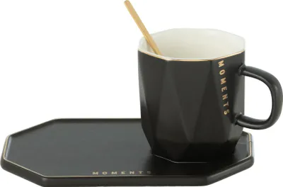 Produktbild von J-Line Becher+Untertasse+Löffel Moments Keramik Schwarz