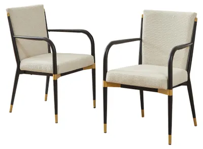 Productafbeelding van Eetkamerstoelen, set van 2, hoge rugleuning, beige bekleding, metalen frame, gebogen armleuningen, verstelbare voetsteunen en een zithoogte van 46,5 cm