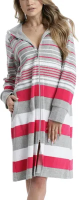 Produktbild von Aquarti Damen Frottee Bademantel Morgenmantel Gestreift mit Kapuze, Farbe: Pink, Größe: L