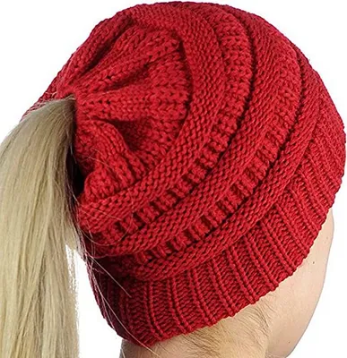 Produktbild von Damen Mädchen Mütze mit Loch für Pferdeschwanz | Gestrickte Strickmütze Wintermütze mit Zöpfen Loch