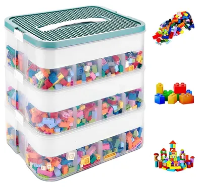 Produktbild von Omgoods – Aufbewahrungsbox mit Deckel, 30,5 x 23 x 32,5 cm – 3-stöckige Sortierbox für Spielzeug und Puzzles