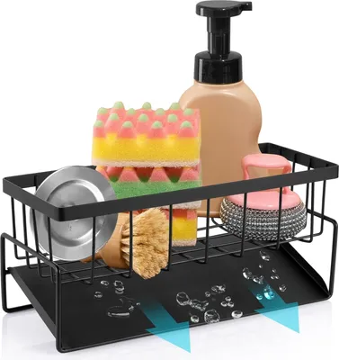 Productafbeelding van RVS spoelbakorganizer met afvoergat, sponshouder, roestvrij staal, geschikt voor keuken en badkamer