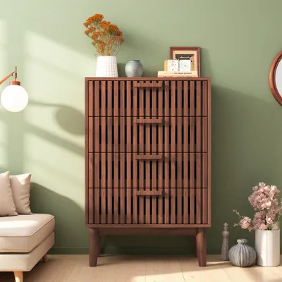 Obrázok produktu pre Komoda INONEFT s 4 zásuvkami, drevená komoda, úložná skrinka, vhodná do spálne a obývačky, 34x60x91 cm, orechová farba