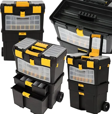 Multiple views of a modular tool chest with organizers and wheels.