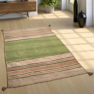 Produktbild von Designer Teppich Webteppich Kelim Handgewebt 100% Baumwolle Modern Gemustert Grün Grösse 200x290 cm