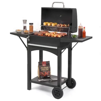 Immagine prodotto di Griglia per barbecue a carbone LEADZM, con carrello, ripiani laterali, coperchio, ruote e termometro, dimensioni 110x45x102 cm