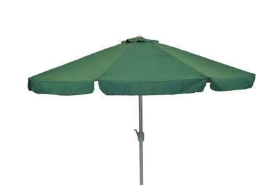 A green patio umbrella is shown against a white background.