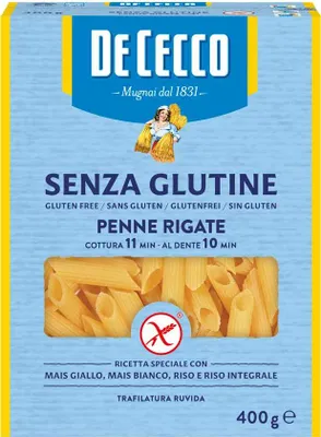 A box of De Cecco gluten-free Penne Rigate pasta.