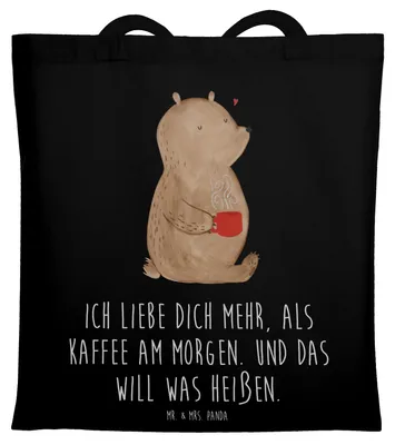 Produktbild von Mr. & Mrs. Panda Tote Bag Bär Morgenkaffee - Schwarz - Geschenk, Laptoptasche, Tasche, Freund, Jutebeutel, Liebesbeweis, Hochzeitstag, für Freundin, Frauen, Schultasche