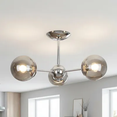 Produktbild von Deckenleuchte Metall Rauchglas 48 cm breit Chrom 3-flammig E27 Kugel Schirm Retro Deckenlampe