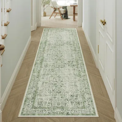 Productafbeelding van Läufer vloerkleed, groene vintage stijl, 60x180 cm, wasbaar, polyester