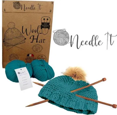 Produktbild von Vollständiges dunkelgrünes Strickset für Kinder und Erwachsene - Selbstfertigungs-Strickmütze aus Vollwolle - Vollständiges Set mit Nadel, Ballen und Anleitung