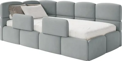 Produktbild von Selsey Cloudy – Kinderbett 120x200, Kopfteil links, Matratze & Bettkasten, Samt Grau