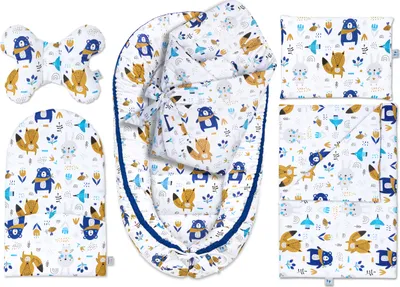 Produktbild von Pepi Babynest Kokon 6 teiliges Babynestchen Set für Babys Neugeborene Kuschelnest-Set mit Babyhörnchen Krabbeldecke 100% Baumwolle 95×55 cm Blue Bear