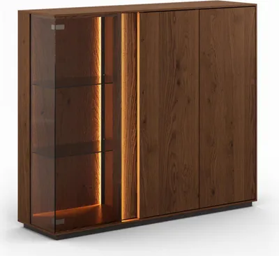 Produktbild von Wohnzimmer Highboard mit 135 cm Breite in Eiche massiv, tabakfarben geölt, inkl. LED-Beleuchtung - CARISOLO-163
