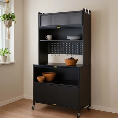 A black kitchen cabinet with shelves and drawers, placed in a room with a window and a hanging plant.