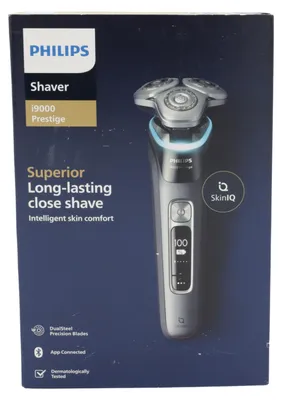 Produktbild von Philips i9000 Prestige XP9202/10 Elektrischer Nass- und Trockenrasierer mit SkinIQ, Rotationstrasierer, Grau, Triple-Action Lift & Cut System; Dual SteelPrecision blades, Edelstahl, LED, GroomTribe; Connects via Bluetooth