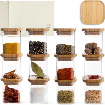 Produktbild von Quadratische Gewürzbehälter 15x150ml, luftdicht, Holzdeckel, Bambus
