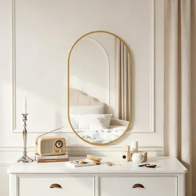 Imagen del producto de Espejo oval para baño INONEFT, ideal para peluquería o como espejo de pared, 50x75 cm, espejo con marco, montaje en pared, espejo moderno de gran tamaño, color dorado
