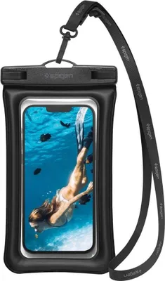 A black waterproof phone pouch with a phone inside showing a person snorkeling.