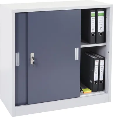 A white metal filing cabinet with anthracite sliding doors, showing some files inside.