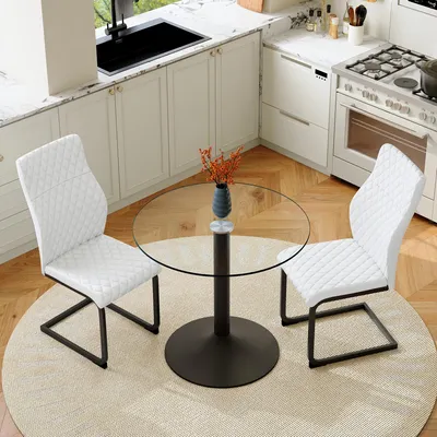 Image de Ensemble table et chaises, table ronde en verre de 85 cm + 2 chaises de salle à manger blanches, pieds noirs, dossier haut