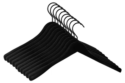 Produktbild von Kleiderbügel 45 cm – 10er Set – Massivholz schwarz gummiert – Formbügel mit drehbarem Haken für Mäntel und Jacken