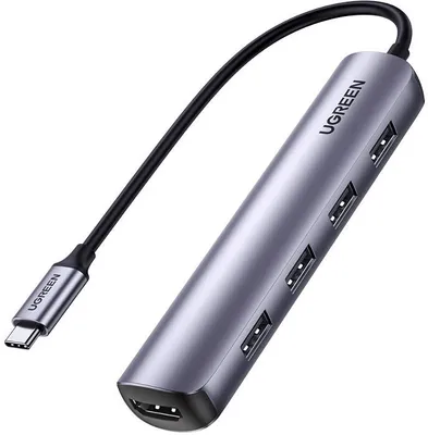 A USB-C hub with multiple USB 3.0 ports and an HDMI port, shown on a light gray background.