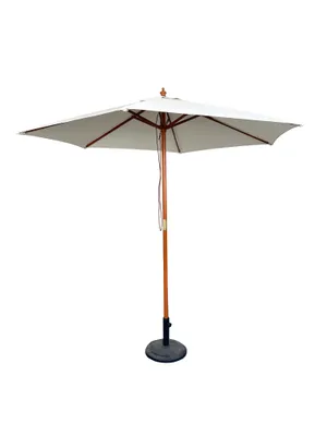 A square patio umbrella with a wooden pole and a beige canopy, standing on a black base.