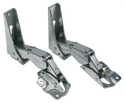 A pair of metal refrigerator door hinges shown against a white background.