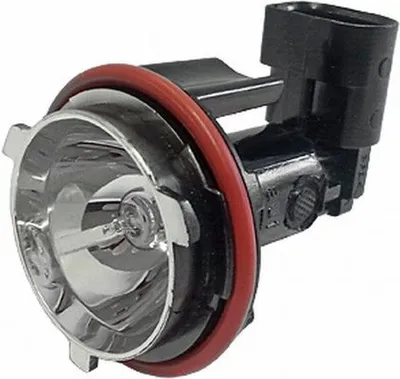 A single automotive headlight bulb with a black connector and a red seal.