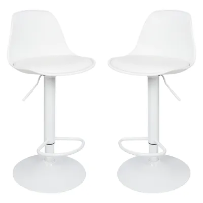 Two white bar stools are shown side-by-side against a white background.