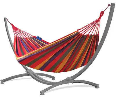 Produktbild von Potenza Outdoor Hängematte mit Gestell für 2 Personen I Baumwolle Doppelhängematte XXL 220x160, 200kg I Grau Hängemattengestell 220kg, wetterfest
