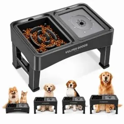 Produktbild von Vulpes Goods Futterstation Hund, Erhöhte Hundenäpfe 4 Höhenverstellbar, Futterstation für kleine, mittlere und große Hunde und Haustiere, Schwarz