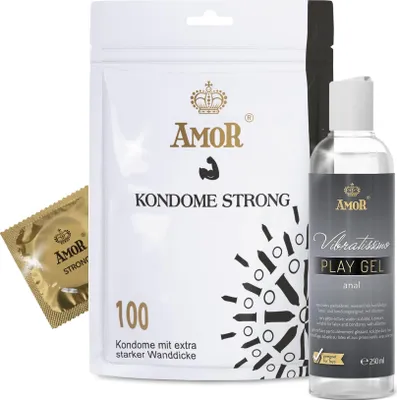 Produktbild von AMOR Premium Kondom und Gleitgel Set - 100 Kondome Strong 0.08 mm, Ø 53 mm + Vibratissimo Play Gel anal 250 ml