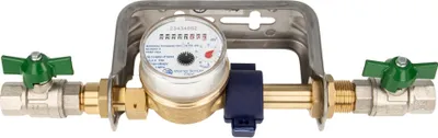 Produktbild von Einstrahlzähler ETK Kombi-Set (Kaltwasser) bis 30 Grad Länge 80 mm, inkl. Bügel Edelstahl, Kugelhähne 1/2 Zoll, Plombierschelle