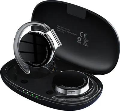 A pair of black wireless earbuds with a charging case.